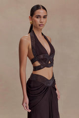 Siren Satin And Diamante Halter Top - Dark Chocolate