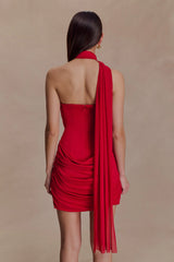 Mattea Slinky And Mesh Mini Dress With Scarf - Red