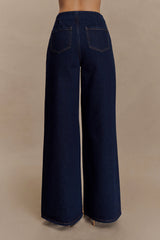 Miranda Faux Suede Belted Denim Wide Leg Jeans - Indigo Blue