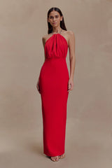 Elina Satin Necklace Maxi Dress - Red