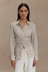 Millie Tie Back Cotton Shirt - Beige Pinstripe
