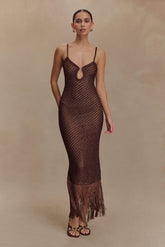 Raelynn Metallic Knit Fringe Midi Dress - Dark Chocolate