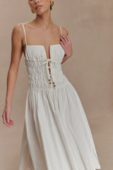 Elias Shirred Cotton Midi Dress - White