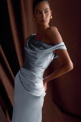 Dalia Off Shoulder Satin Maxi Dress - Frosted Blue