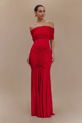 Caspian Slinky And Mesh Off Shoulder Maxi Dress - Ruby