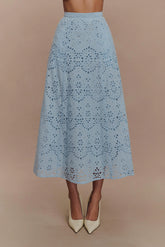 Arla Broderie Midi Skirt - Pale Cornflower Blue