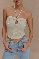 Aletta Knit Pearl Halter Top - Ivory