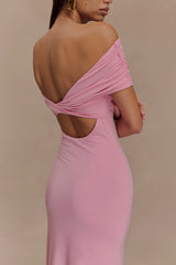 Imogen Off Shoulder Slinky Maxi Dress - Candy Pink