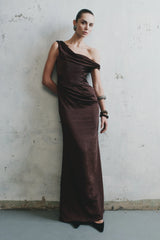 Dalia Off Shoulder Satin Maxi Dress - Dark Chocolate