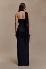 Mattea Slinky And Mesh Maxi Dress With Scarf - Black