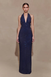 Harriet Halter Neck Diamante Maxi Dress - Navy