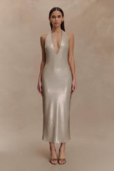 Carnation Sequin Halter Midi Dress - Gold