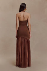 Aubree Crepe And Mesh Maxi Dress - Chocolate/Mocha