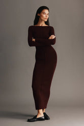 Cleona Merino Wool Ribbed Long Sleeve Maxi Dress - Deep Chocolate