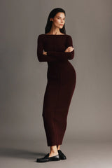 Cleona Merino Wool Ribbed Long Sleeve Maxi Dress - Deep Chocolate