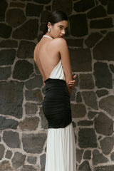 Hailee Slinky And Mesh Halter Maxi Dress - Black/White