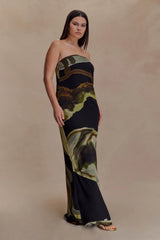 Amaya Strapless Chiffon Maxi Dress - Green Fluid Reverie Print
