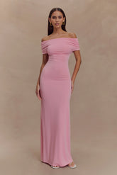 Imogen Off Shoulder Slinky Maxi Dress - Candy Pink