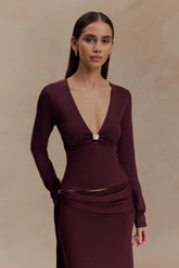 Miraby Front Ruched Knit Long Sleeve Top - Dark Chocolate