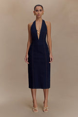 Shauna Denim Halter Midi Dress - Indigo Blue