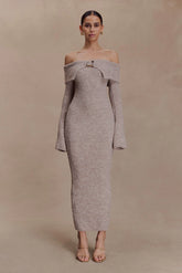 Baxter Off Shoulder Fluffy Knit Midi Dress - Taupe Marle