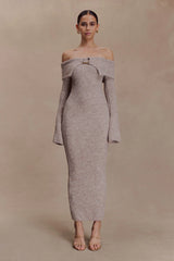 Baxter Off Shoulder Fluffy Knit Midi Dress - Taupe Marle