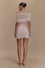 Caspian Slinky And Mesh Off Shoulder Mini Dress - Pale Pink