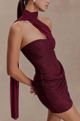 Mattea Diamante Mini Dress With Scarf - Plum