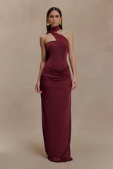 Mattea Slinky And Mesh Maxi Dress With Scarf - Burgundy