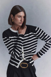 Talia Stripe Knit Cardigan - Black/White