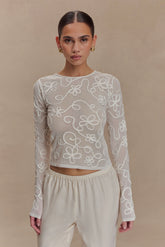 Omari Embroidery Long Sleeve Knit Top - Ivory