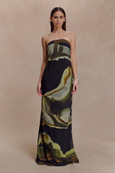 Amaya Strapless Chiffon Maxi Dress - Green Fluid Reverie Print