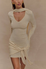 Taron Knit Mini Dress With Scarf - Cream