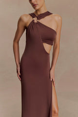 Lottie Slinky Maxi Dress With Split - Chocolate