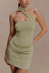 Mattea Slinky And Mesh Mini Dress With Scarf - Sage