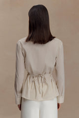 Millie Tie Back Cotton Shirt - Beige Pinstripe