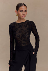 Omari Embroidery Long Sleeve Knit Top - Black