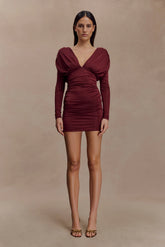 Hayden Long Sleeve Plunge Mini Dress - Burgundy