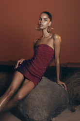 Zander Hand Beaded Strapless Mini Dress - Red Ombre