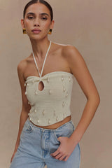 Aletta Knit Pearl Halter Top - Ivory