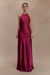 Bella Satin Halter Maxi Dress - Mahogany