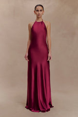 Bella Satin Halter Maxi Dress - Mahogany