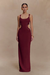 Angelique Beaded Crepe Maxi Dress - Wine