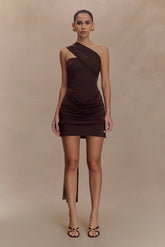 Mattea Slinky And Mesh Mini Dress With Scarf - Dark Chocolate