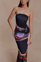 Madison Strapless Slinky Maxi Dress - Multi Fluid Reverie Print