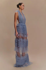 Minka Mesh Ruffle Halter Maxi Dress - Dusty Blue