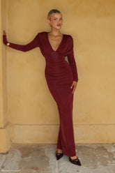 Hayden Long Sleeve Plunge Maxi Dress - Wine