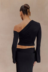 Ainsley Asymmetrical Long Sleeve Top With Floral Hardware - Black