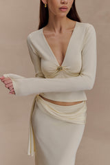 Miraby Front Ruched Knit Long Sleeve Top - Ivory