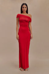 Cassandra Off Shoulder Slinky Maxi Dress - Red